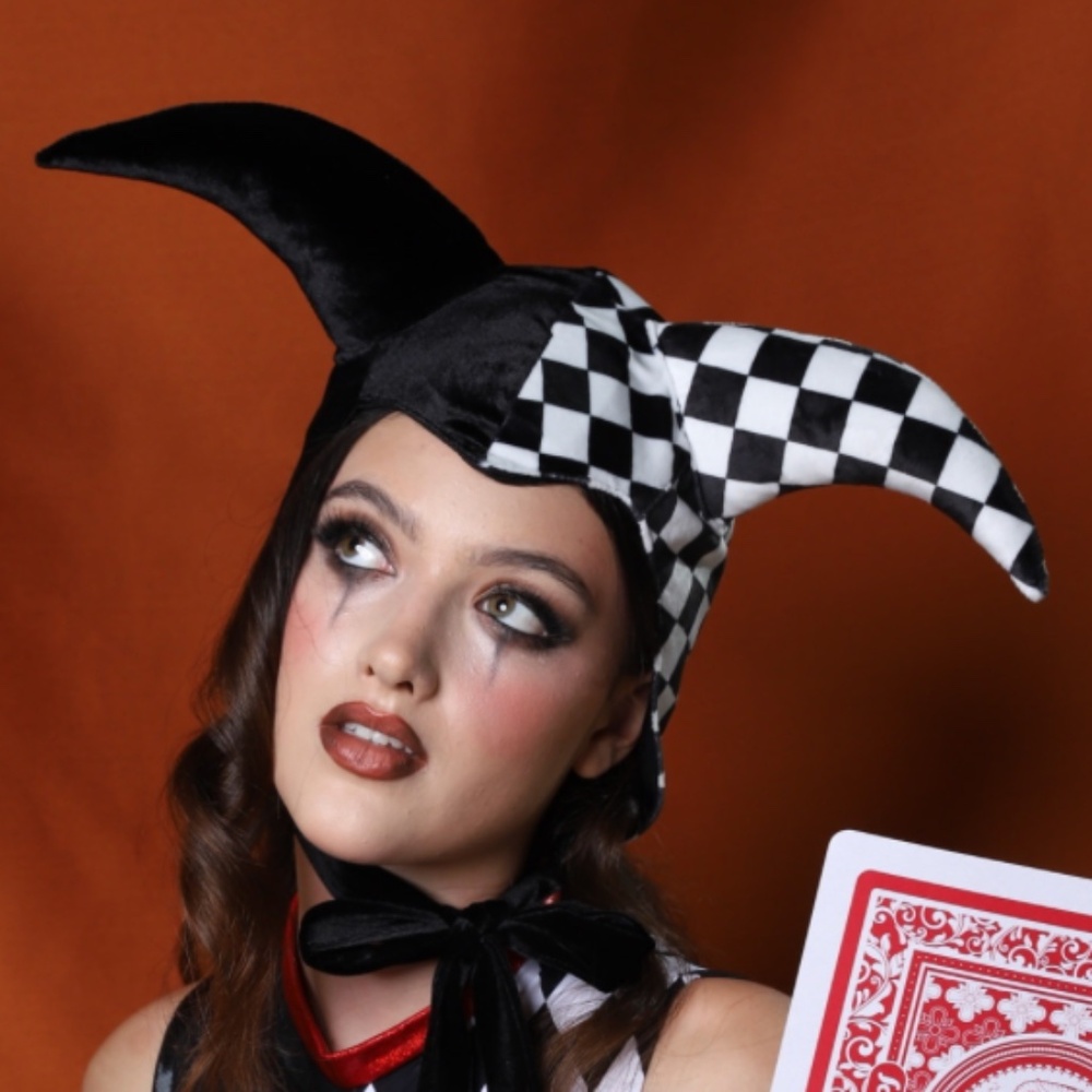 NWOT Harlequin Jester Hat – Black Checkered Clown Cap Cosplay Joker Mardi Gras